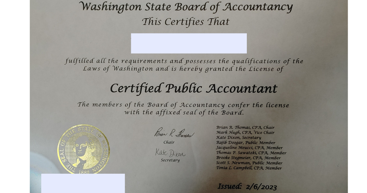 米国公認会計士の合格証明書